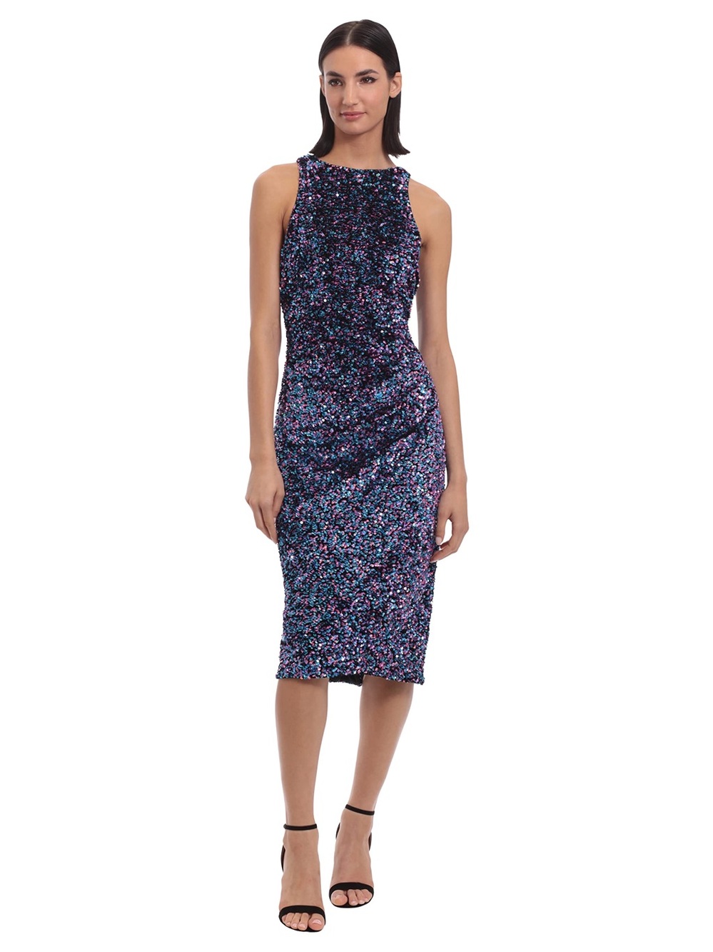 Donna Morgan Navy Sequin Midi Dress with Pink & Blue Accents
